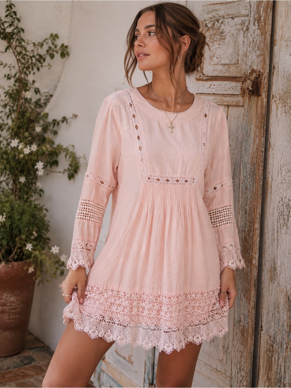 Cirana Blush Pink Lace Trim Long Sleeve Dress - Size S